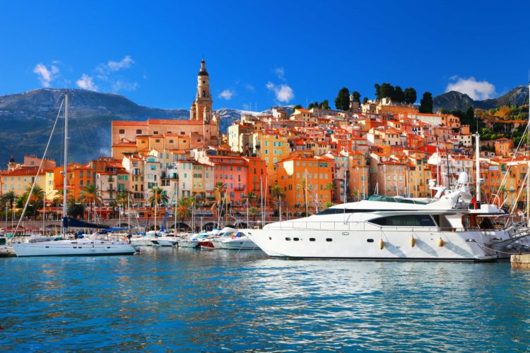 Yacht docked in the colorful port of Menton in the south of France