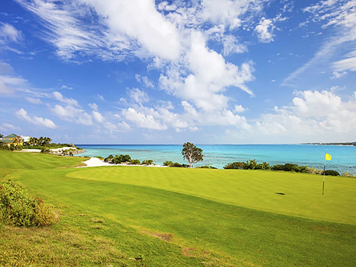 Putting green with an amazing view of the ocean.