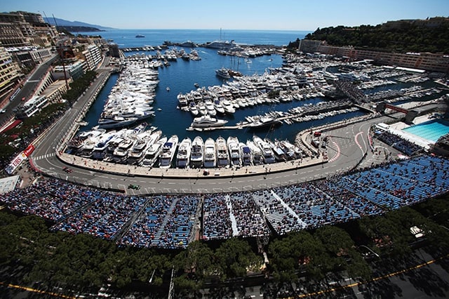 Dozens of yachts in the marina attending the Monaco Grand Prix