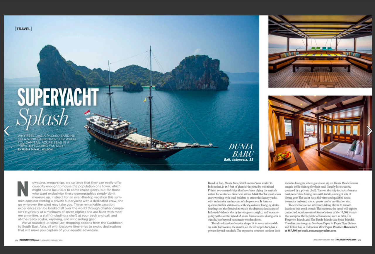 magazine spread with Dunia Baru yacht in Indonesia