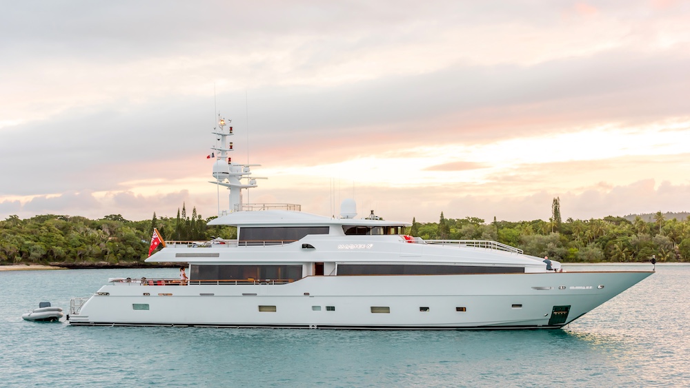 luxury yacht Masteka 2 at sunset