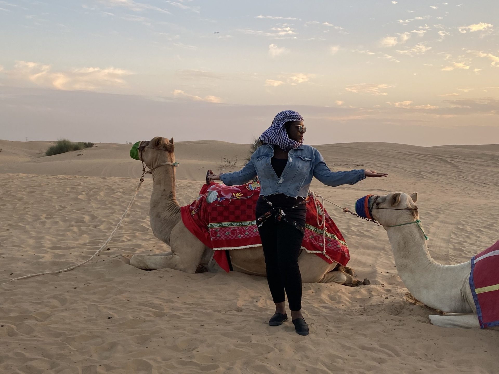 Black woman standing in front of two camels laying in the desert