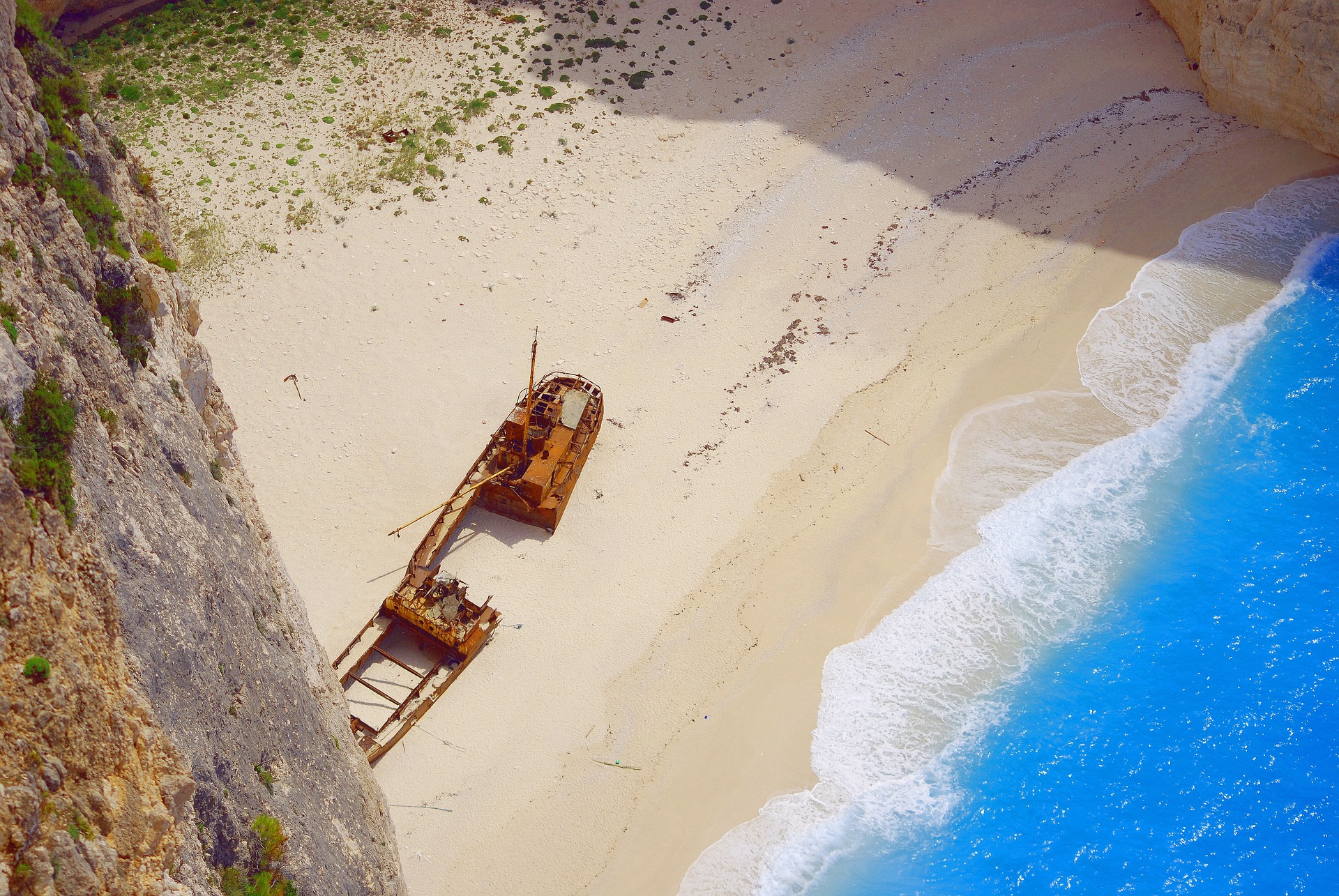 aerial shot of Shipwreck Beach in Greece