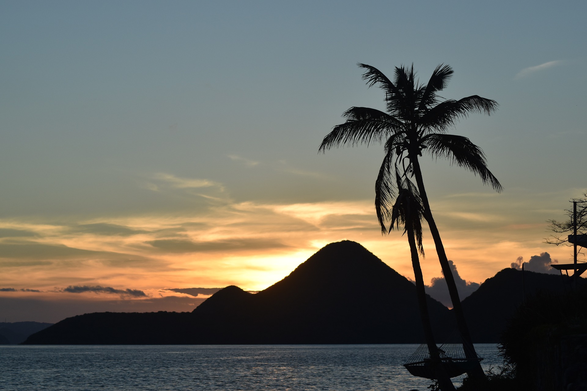 sunset with palm tree in foreground and mountain of Tortola, British Virgin Islands in background