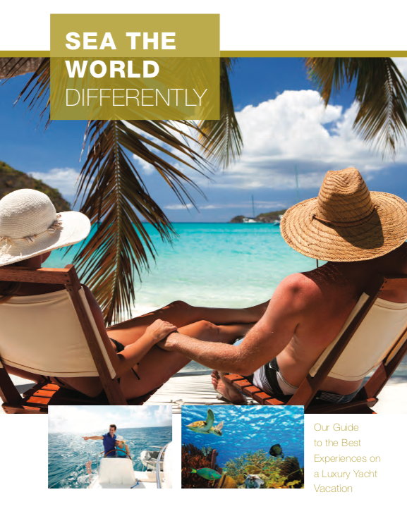 Cover of the luxury yacht experience e-book with couple holding hands on the beach looking out at sea