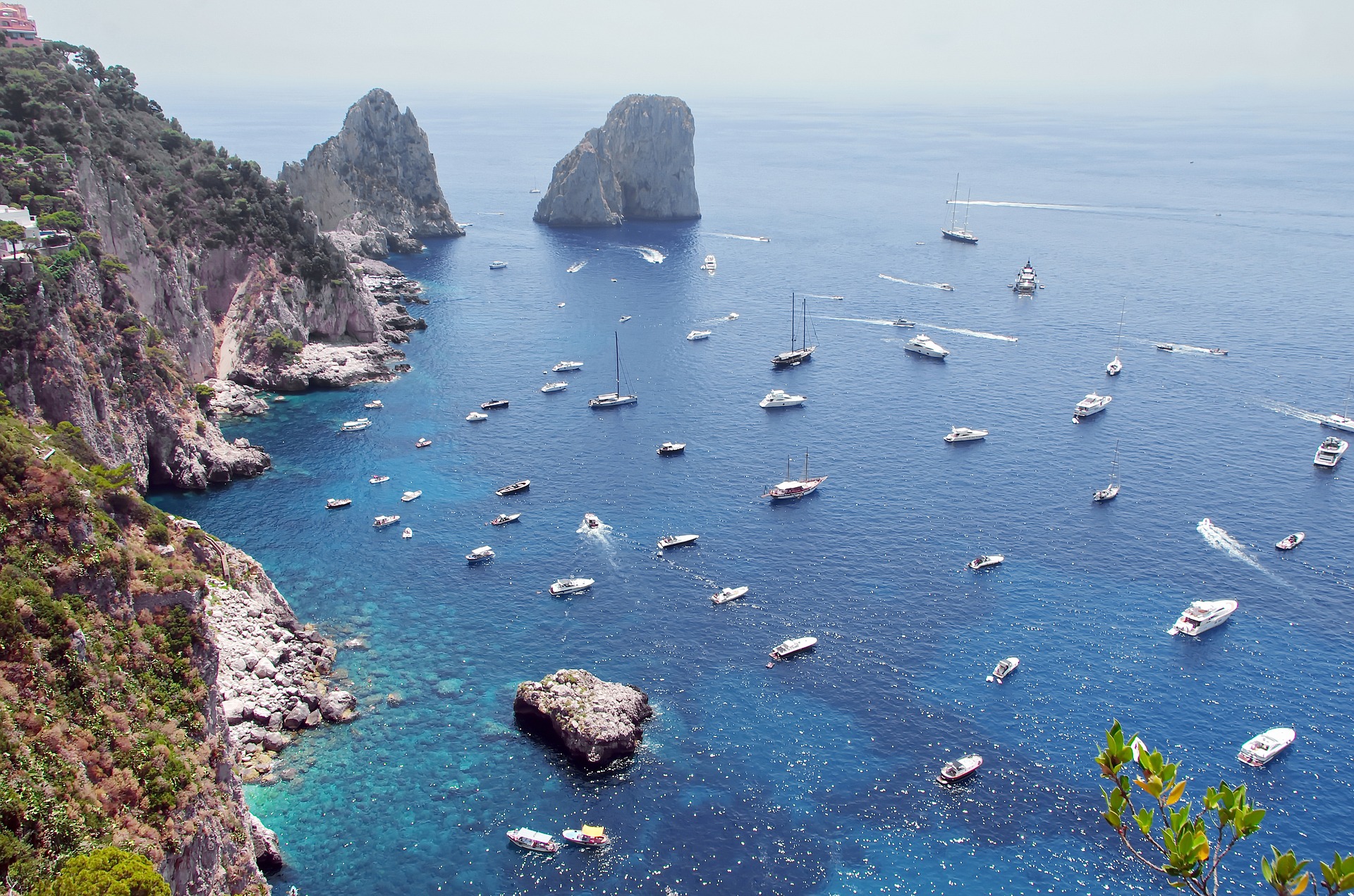 aerial shot of yachts at anchor on Amalfi coast, Italy